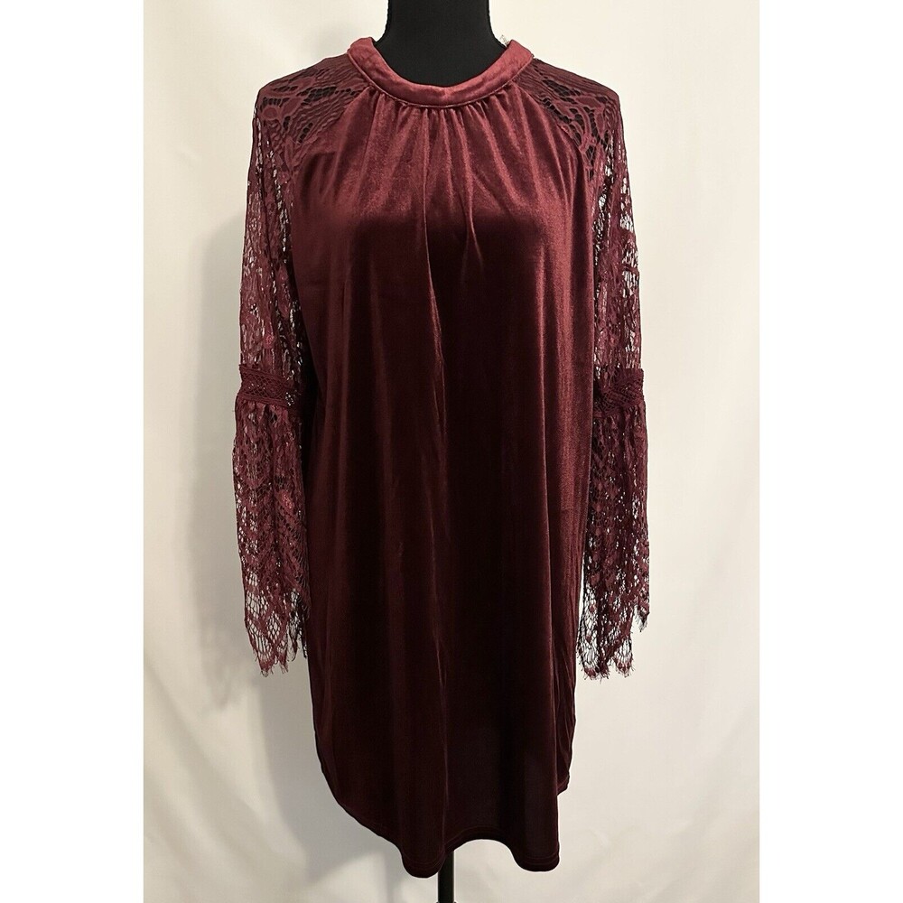 Umgee‎ Velvet Mini Burgundy Lace Bell Sleeve Boho Shift Dress Women's SMALL